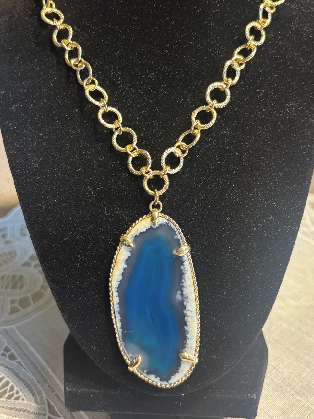 Blue Agate Slice Pendant Necklace set in gold-toned Bezel